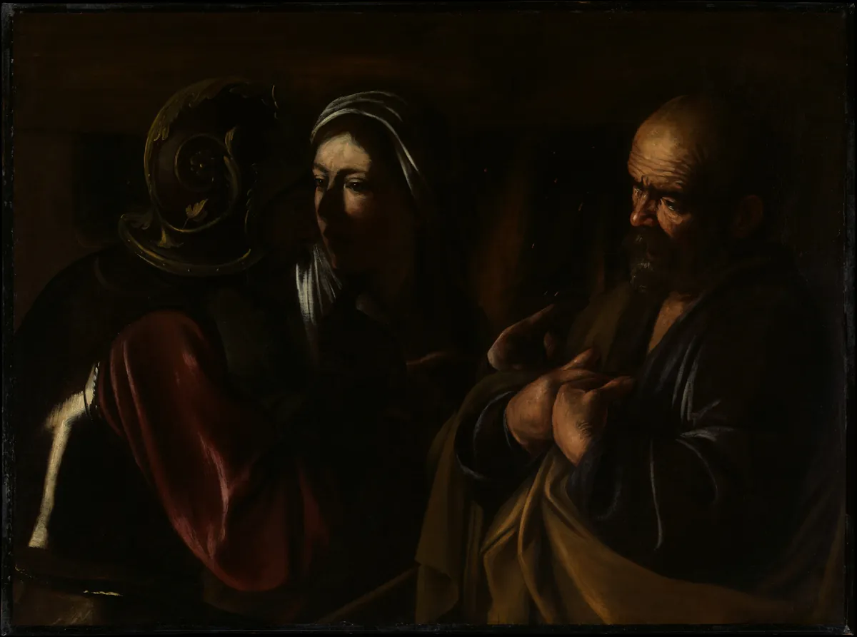 Caravaggio's Denial of Saint Peter: three half-length figures in near darkness; a soldier in a helmet at left, a woman in a white headscarf in the middle turning toward him, and at right a balding, bearded older man pressing his hands to his chest.