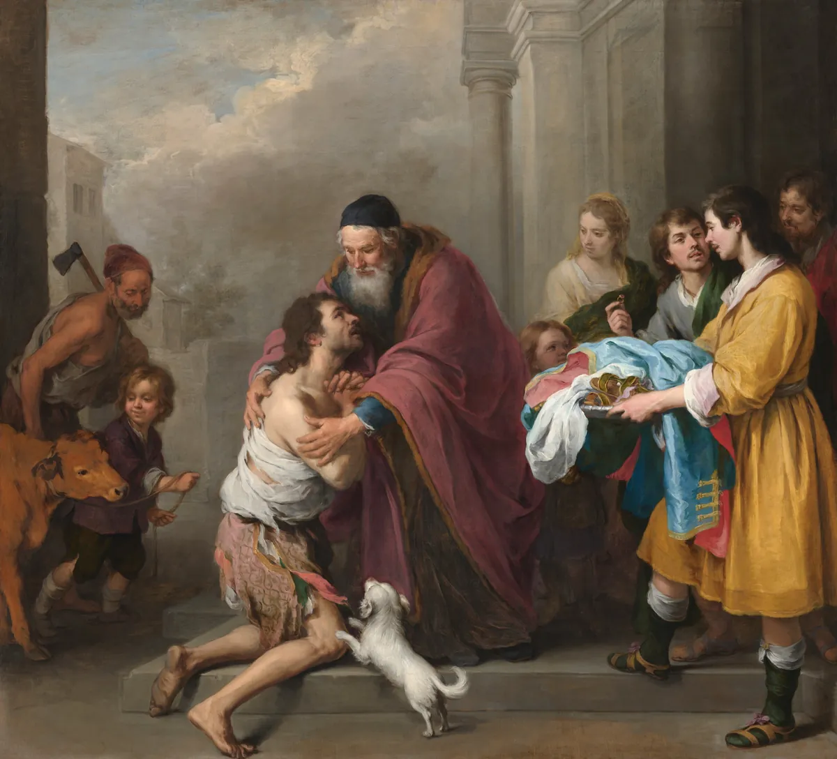 Murillo's Return of the Prodigal Son: a barefoot young man in torn clothes kneels on a stone step as an old bearded man in a red cloak embraces him; a small white dog jumps up at him, servants on the right carry new clothes on a tray, and a man and boy lead in a calf on the left.