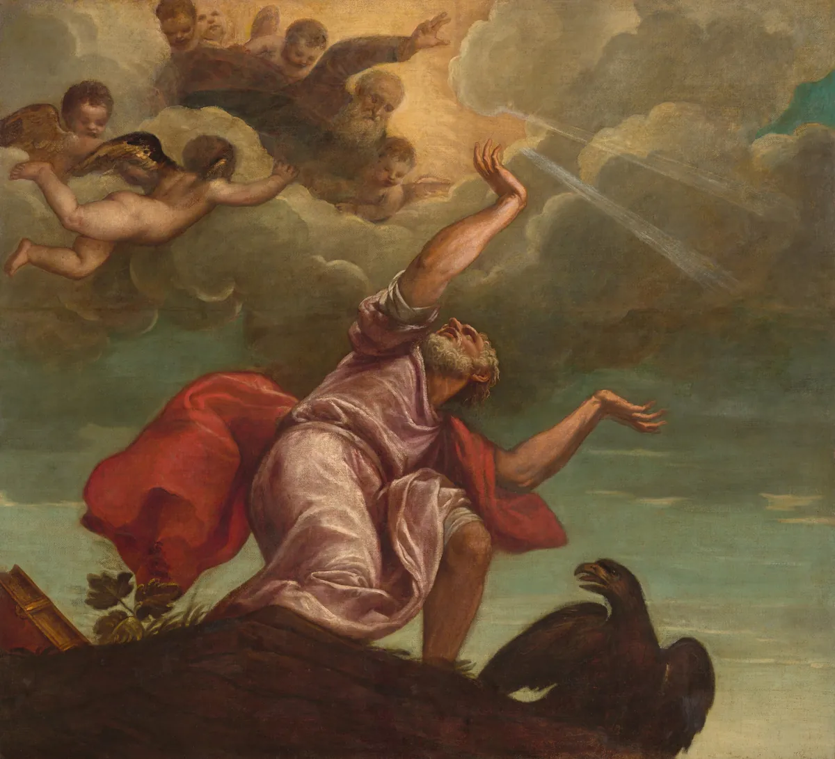 Titian's Saint John the Evangelist on Patmos, painted to be seen from below: a gray-bearded man in a pink robe and red cloak kneels on a rock and twists back with arms raised toward a figure and winged children in bright clouds, with a dark eagle beside him.